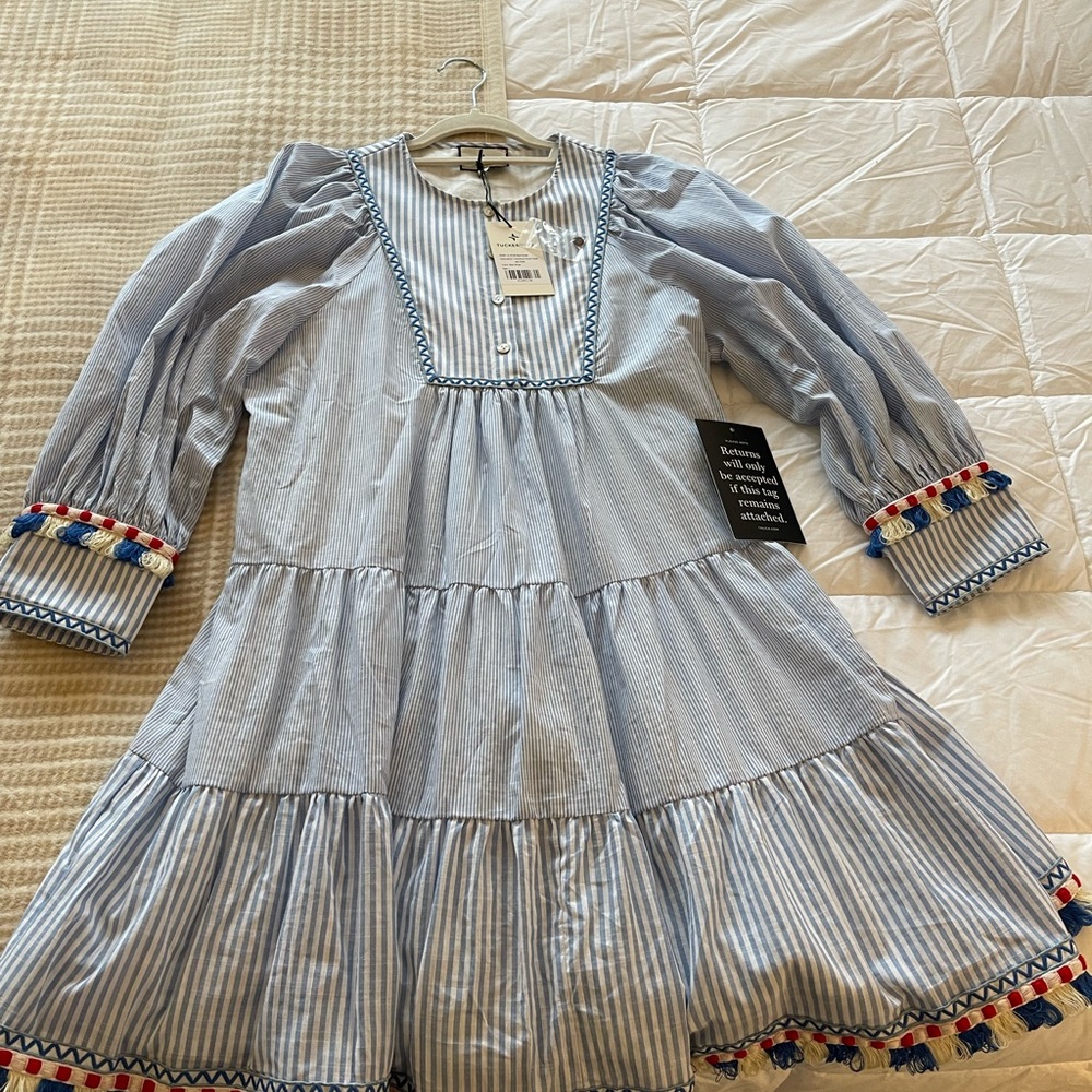 Tuckernuck Striped Blue Dress with Pom Pom Trim - Picture 2 of 9
